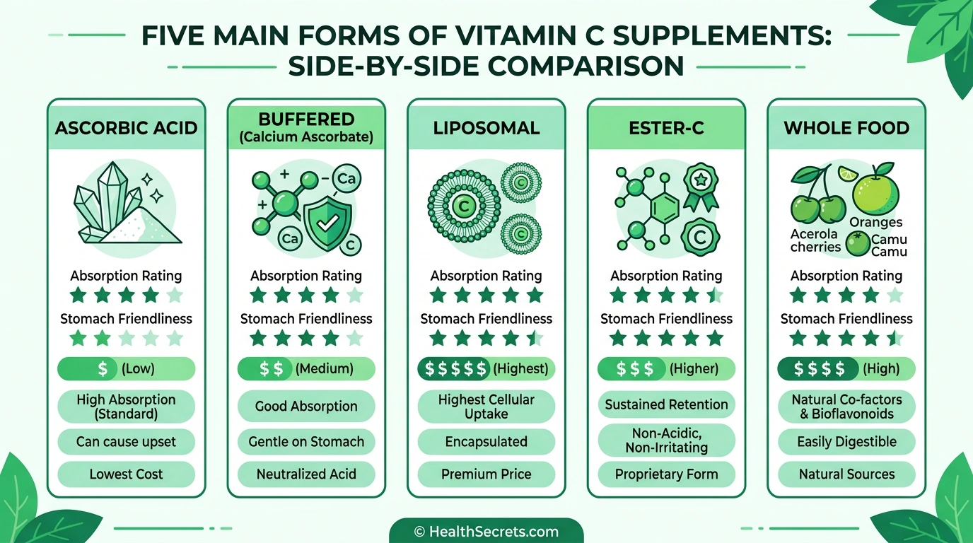 Comparison infographic of five vitamin C supplement forms showing absorption, stomach friendliness, and price