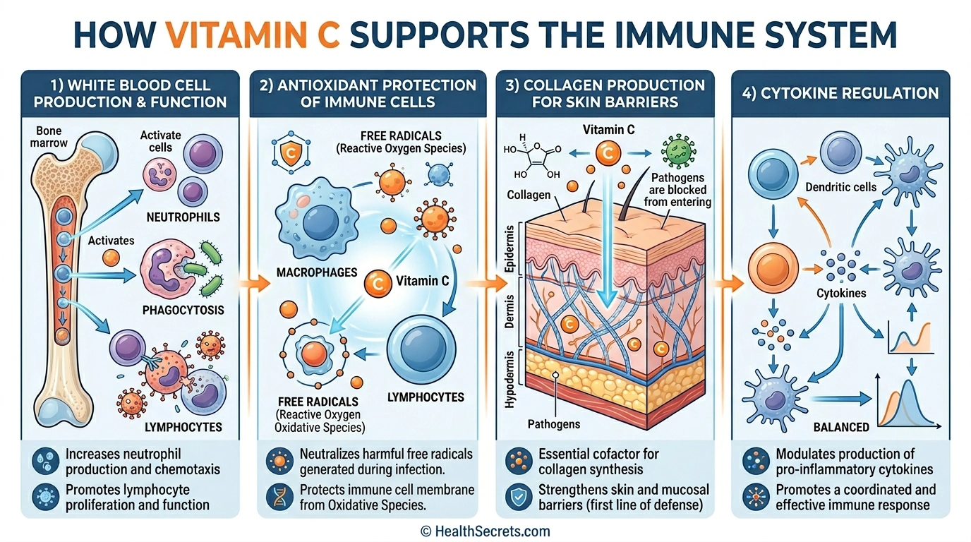 Infographic showing four key mechanisms of vitamin C immune support including white blood cells, antioxidant protection, barriers, and cytokine balance