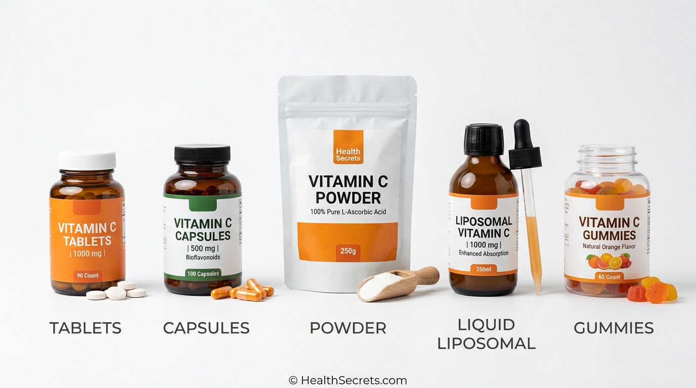 Various vitamin C supplement forms including tablets, capsules, powder, liquid liposomal, and gummies