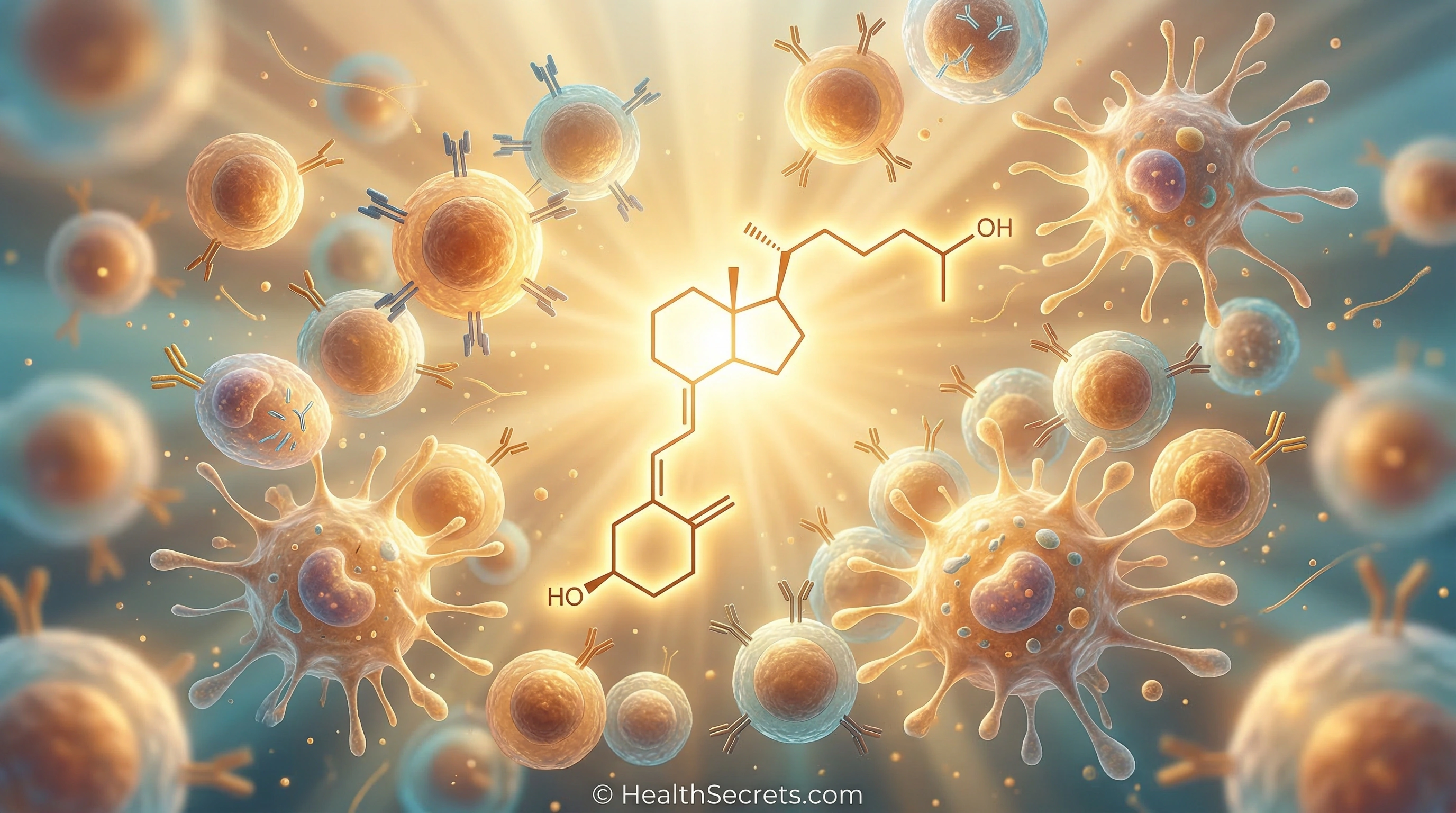 Vitamin D molecule activating immune cells including T cells and macrophages with sunlight rays representing the sunshine vitamin connection to immunity