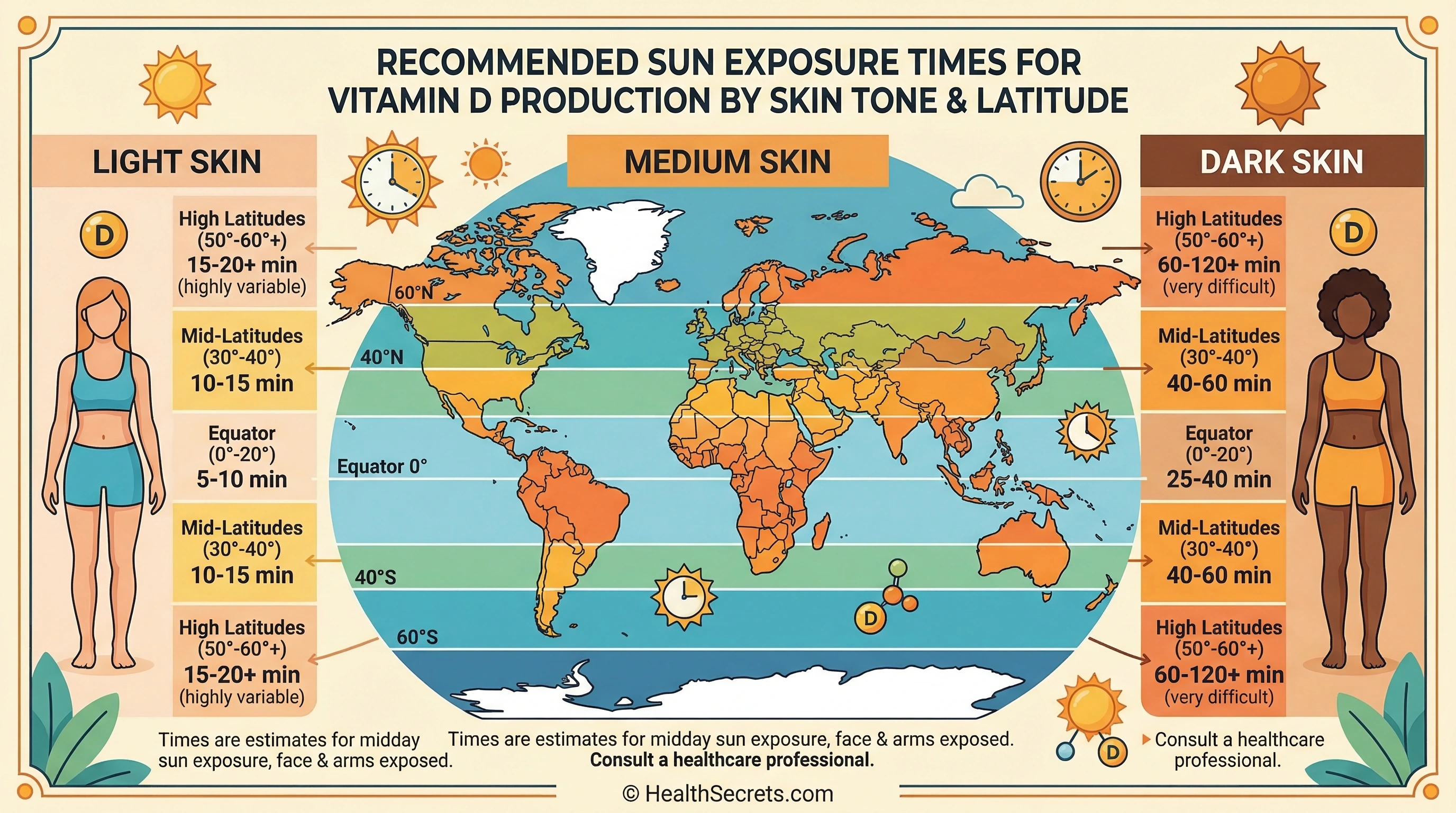 Sun exposure guide showing recommended minutes of midday sunlight needed for vitamin D production by skin tone and latitude
