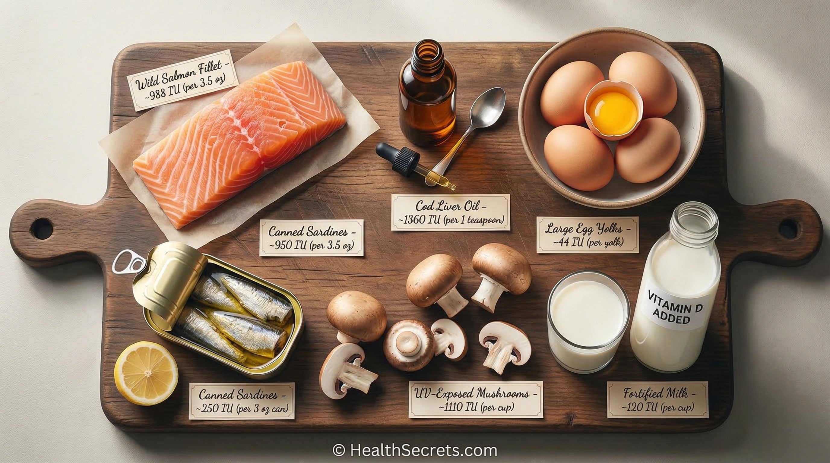 Top vitamin D food sources including salmon, sardines, cod liver oil, eggs, and mushrooms with their vitamin D content in IU per serving