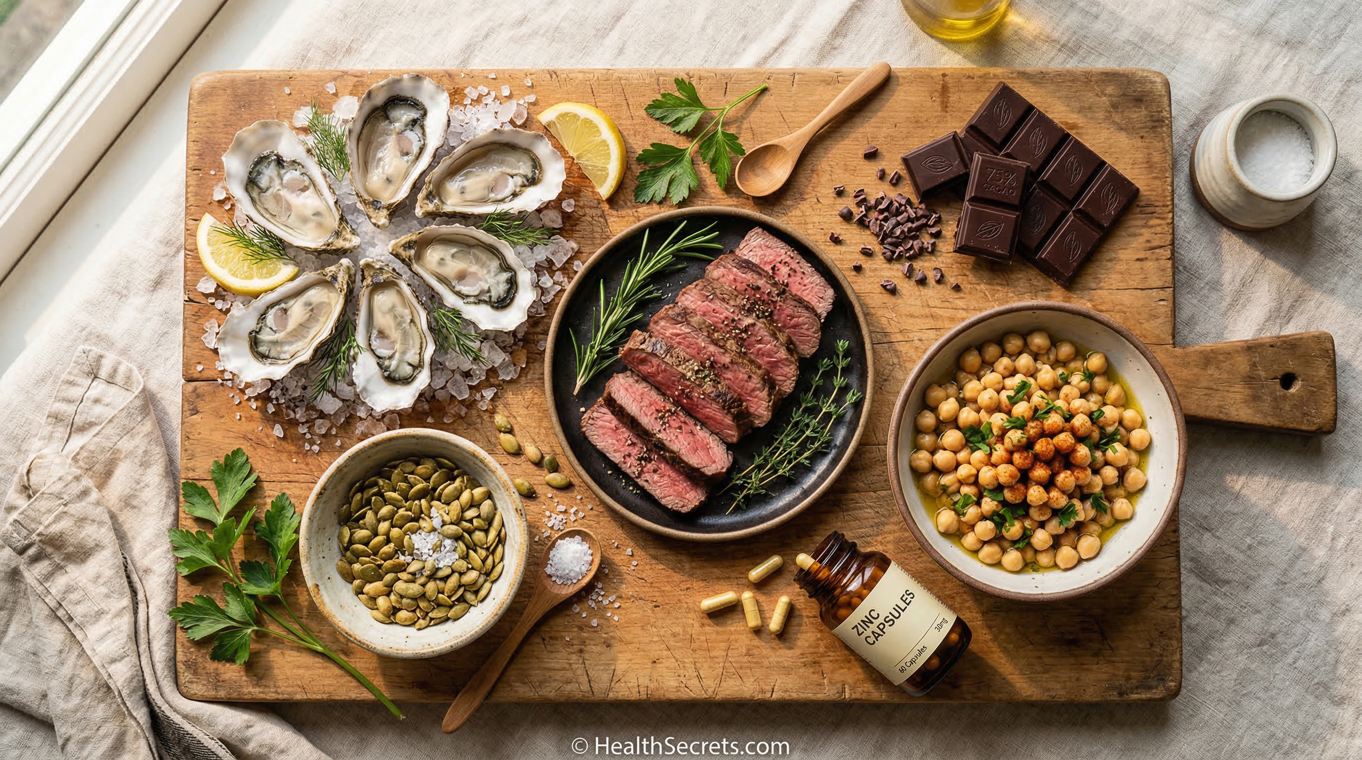 Zinc-rich foods including oysters pumpkin seeds and beef with zinc supplements for immune support