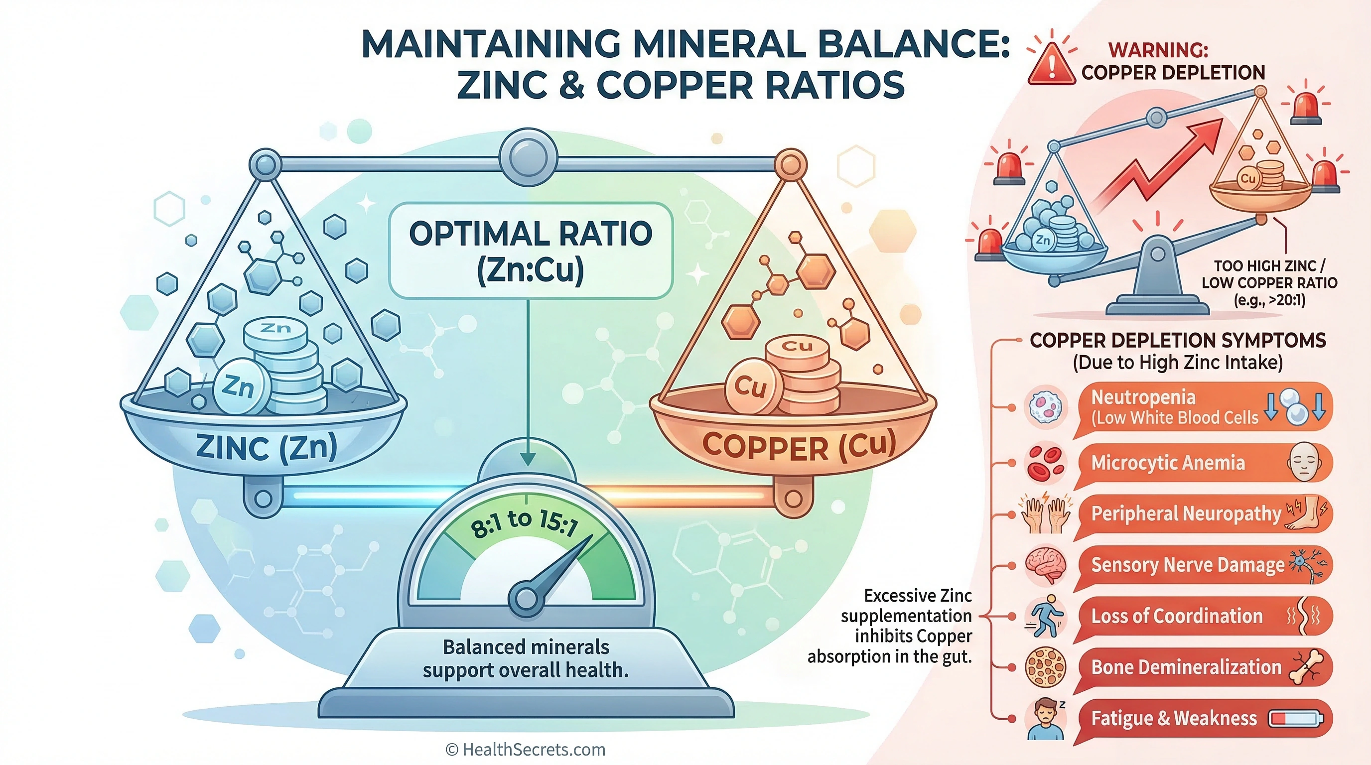 Zinc and copper balance illustration showing optimal 8 to 1 ratio for safe supplementation