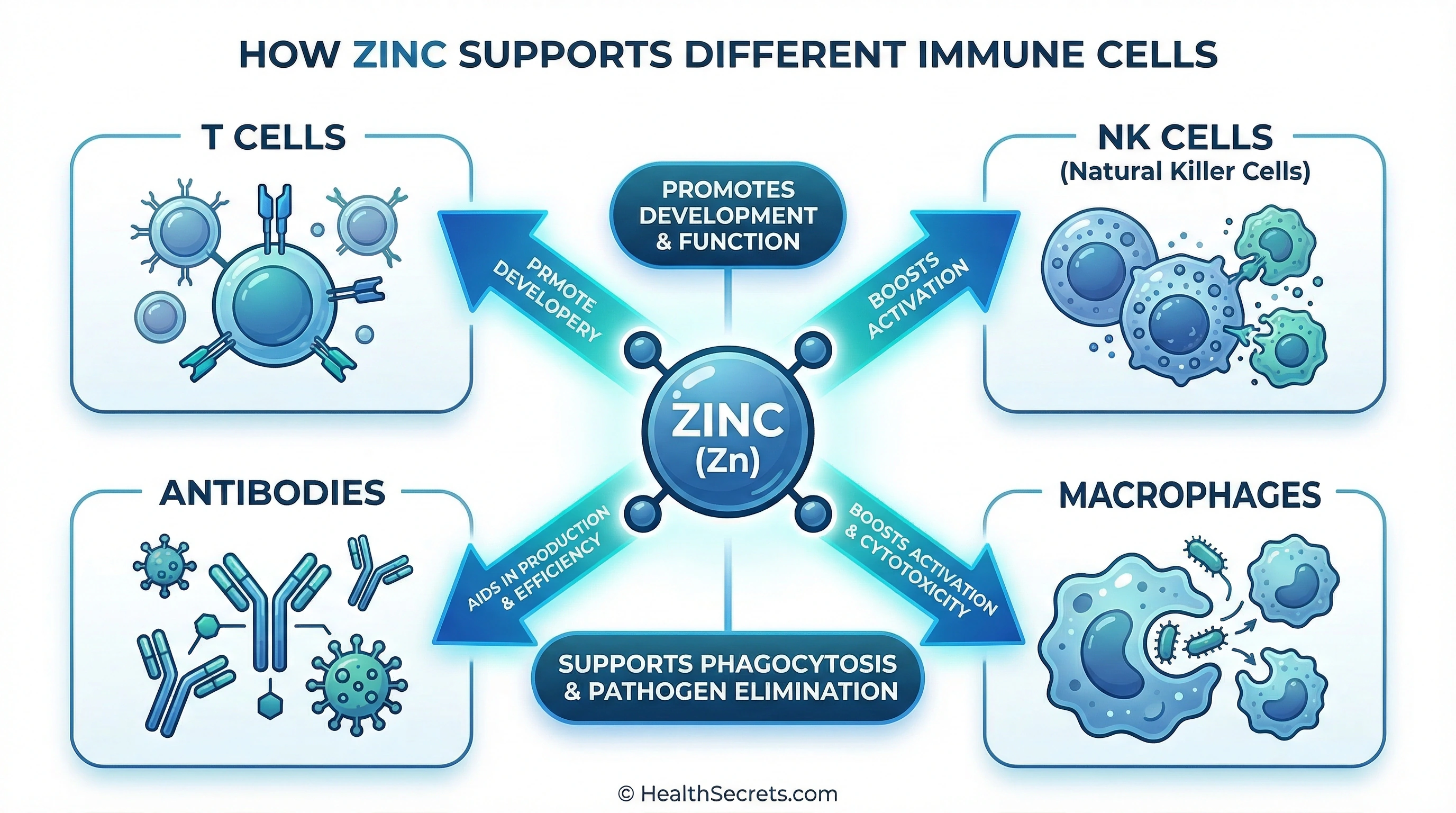 Infographic showing how zinc supports T cells NK cells macrophages and antibody production for immune defense