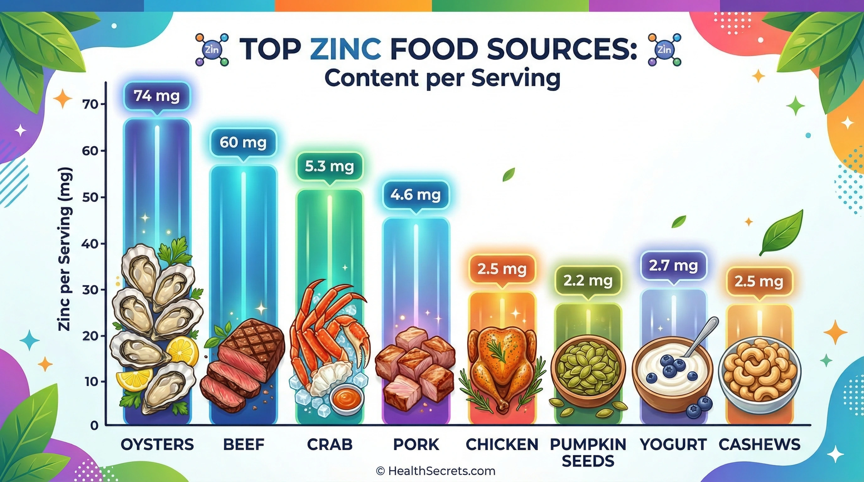 Chart of zinc-rich foods showing zinc content per serving from oysters to cashews