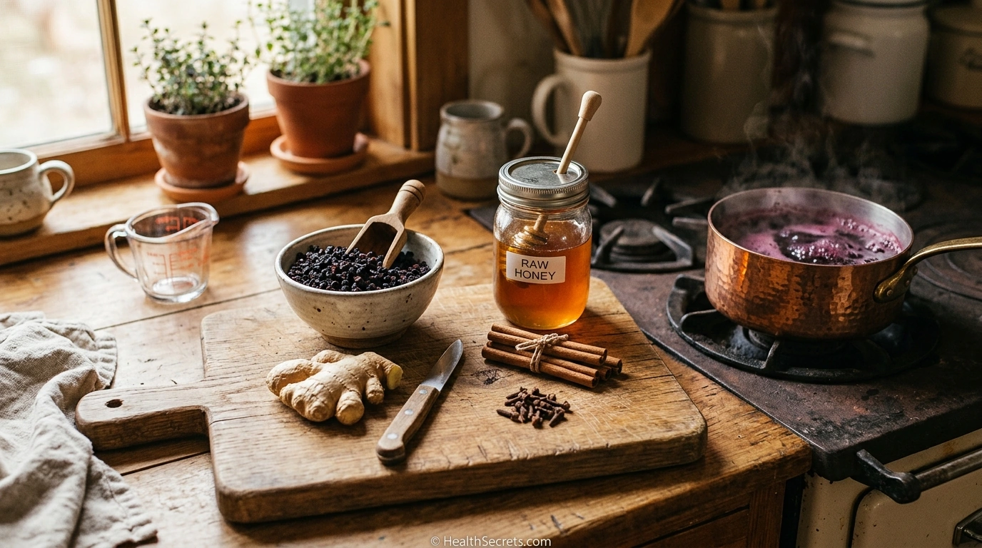 Homemade elderberry syrup recipe ingredients including dried elderberries ginger cinnamon cloves and honey