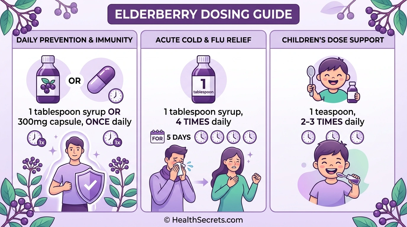 Elderberry dosing guide showing prevention and acute illness doses for adults and children