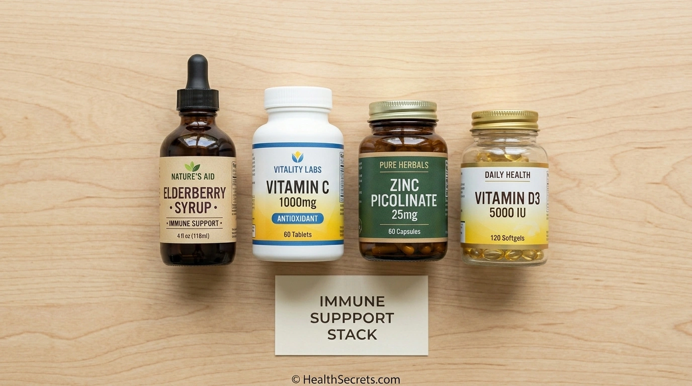 Elderberry immune support stack with vitamin C zinc and vitamin D3 supplements for comprehensive immune health