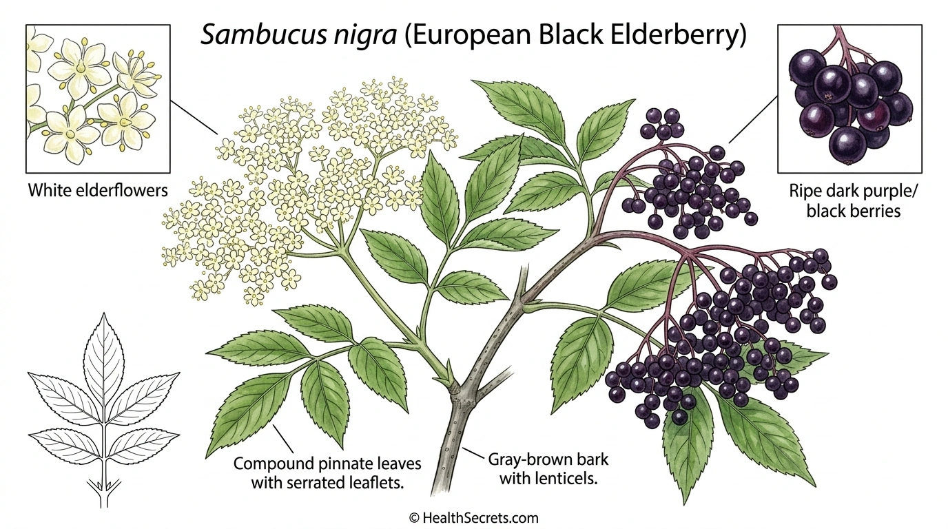 Sambucus nigra European black elderberry plant identification showing berries flowers and leaves