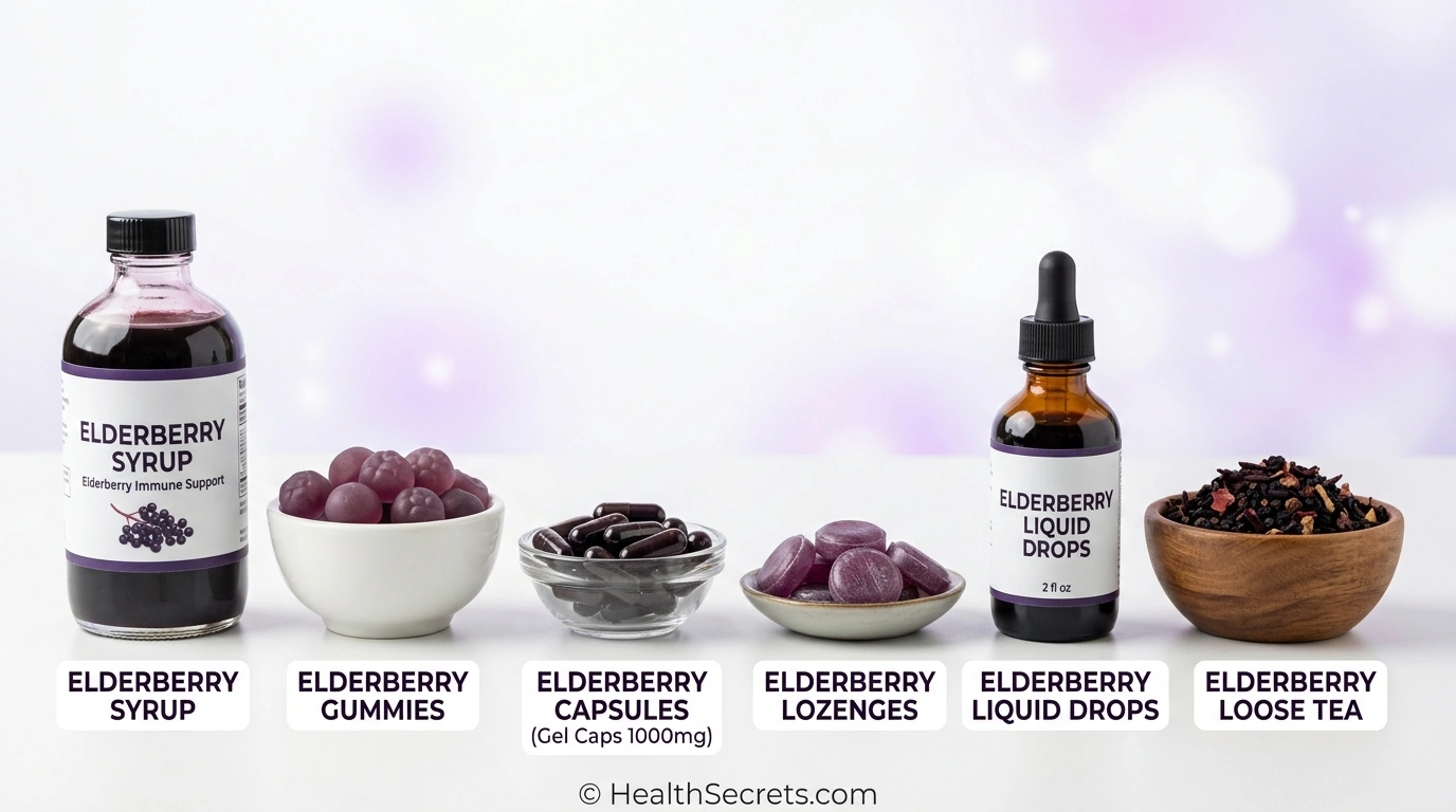 Different elderberry supplement forms including syrup gummies capsules lozenges liquid drops and tea