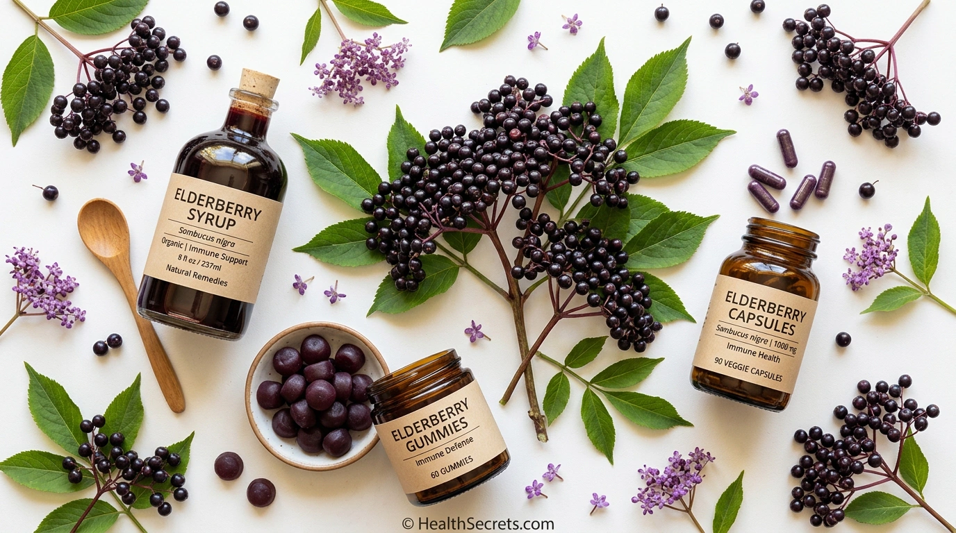 Fresh black elderberries with elderberry syrup bottle gummies and supplement capsules for immune support
