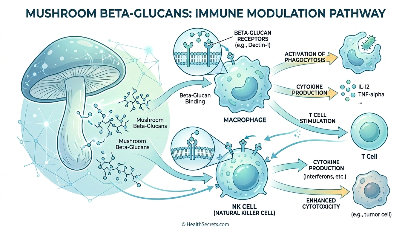 Infographic showing how mushroom beta-glucans activate immune cells including macrophages and NK cells
