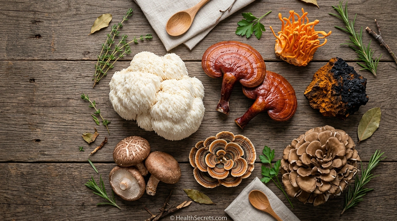 Variety of medicinal mushrooms for immune support including reishi turkey tail lion's mane chaga cordyceps shiitake and maitake
