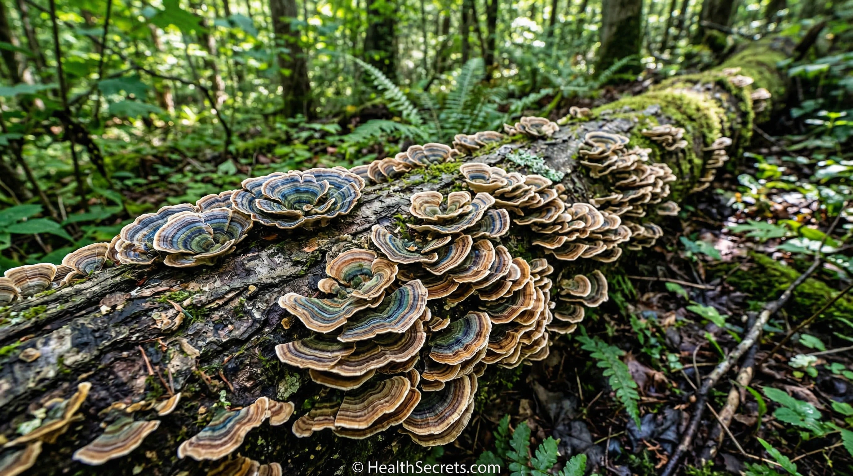 Wild turkey tail mushrooms Trametes versicolor showing colorful concentric bands growing on fallen log