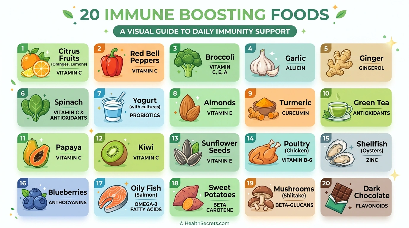 Infographic showing all 20 immune boosting foods with their key immune nutrients