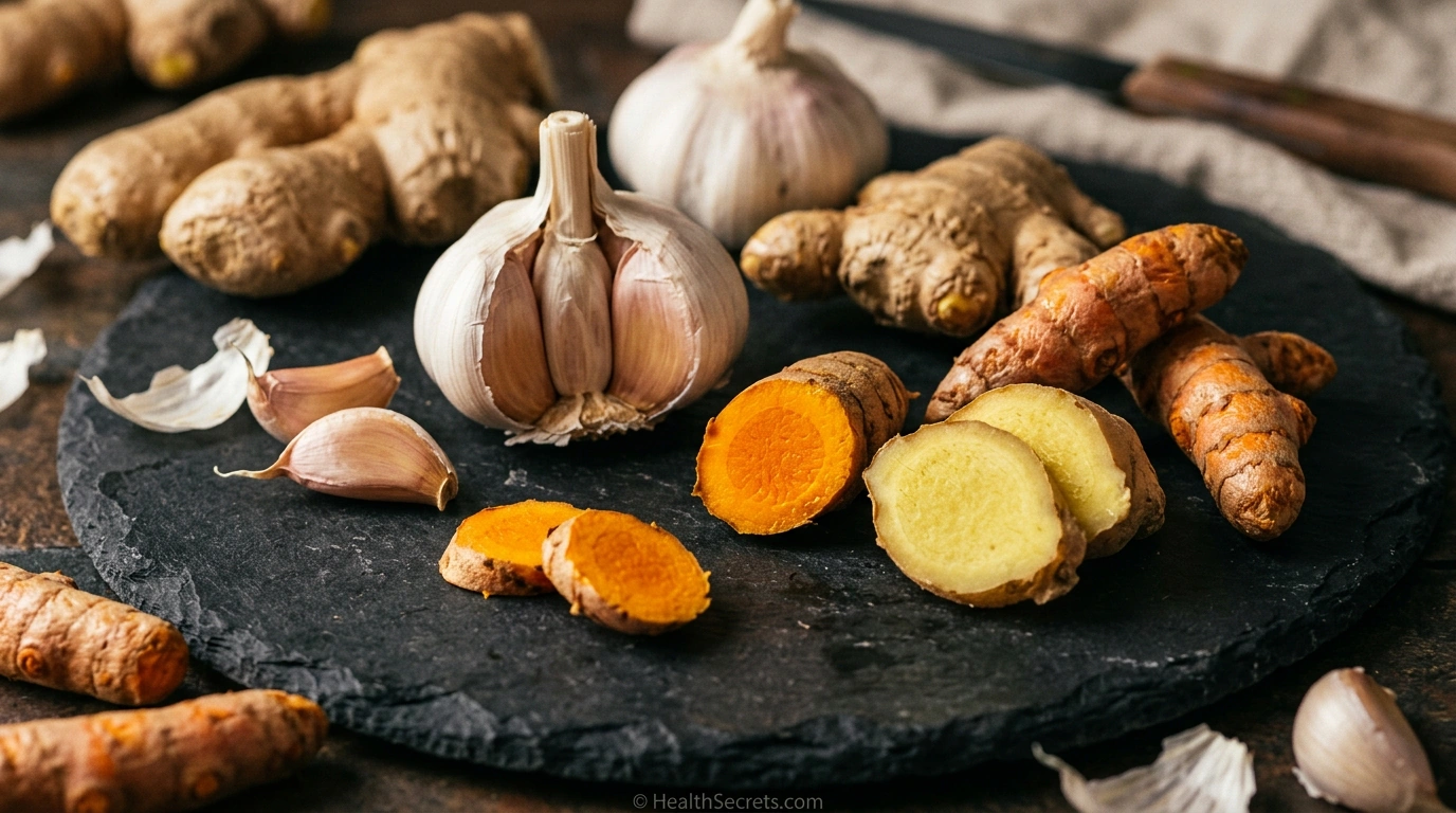 Fresh garlic ginger and turmeric root the powerful immune boosting trio with antimicrobial and anti-inflammatory properties