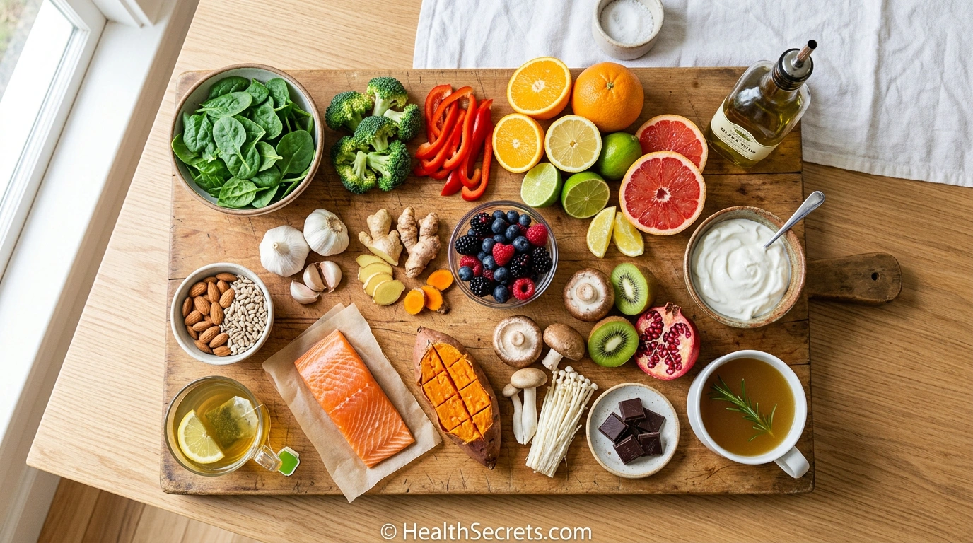 Top 20 immune boosting foods arranged on a wooden table including citrus fruits berries garlic salmon leafy greens and nuts