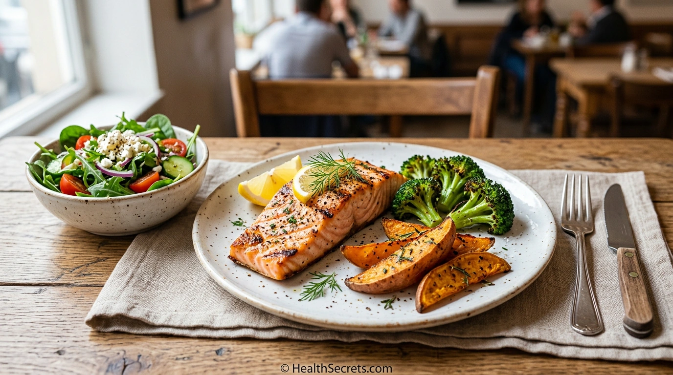 Grilled salmon with roasted broccoli and sweet potato an ideal immune boosting dinner combining omega-3s and vitamins