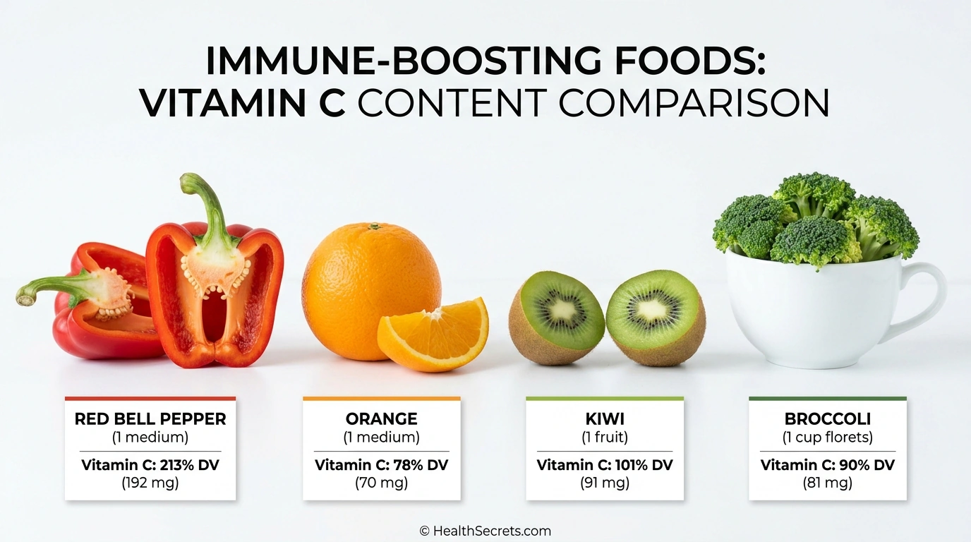 Comparison of vitamin C content in red bell peppers oranges kiwi and broccoli for immune support