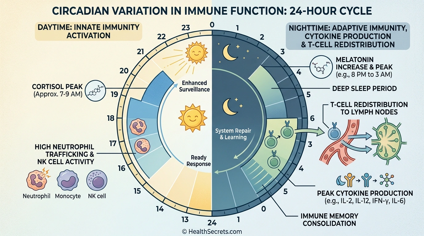 24-hour circadian clock showing when different immune functions peak during day and night cycles