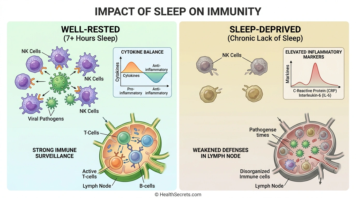 Visual comparison of immune system function with adequate sleep versus sleep deprivation showing NK cell activity and inflammation