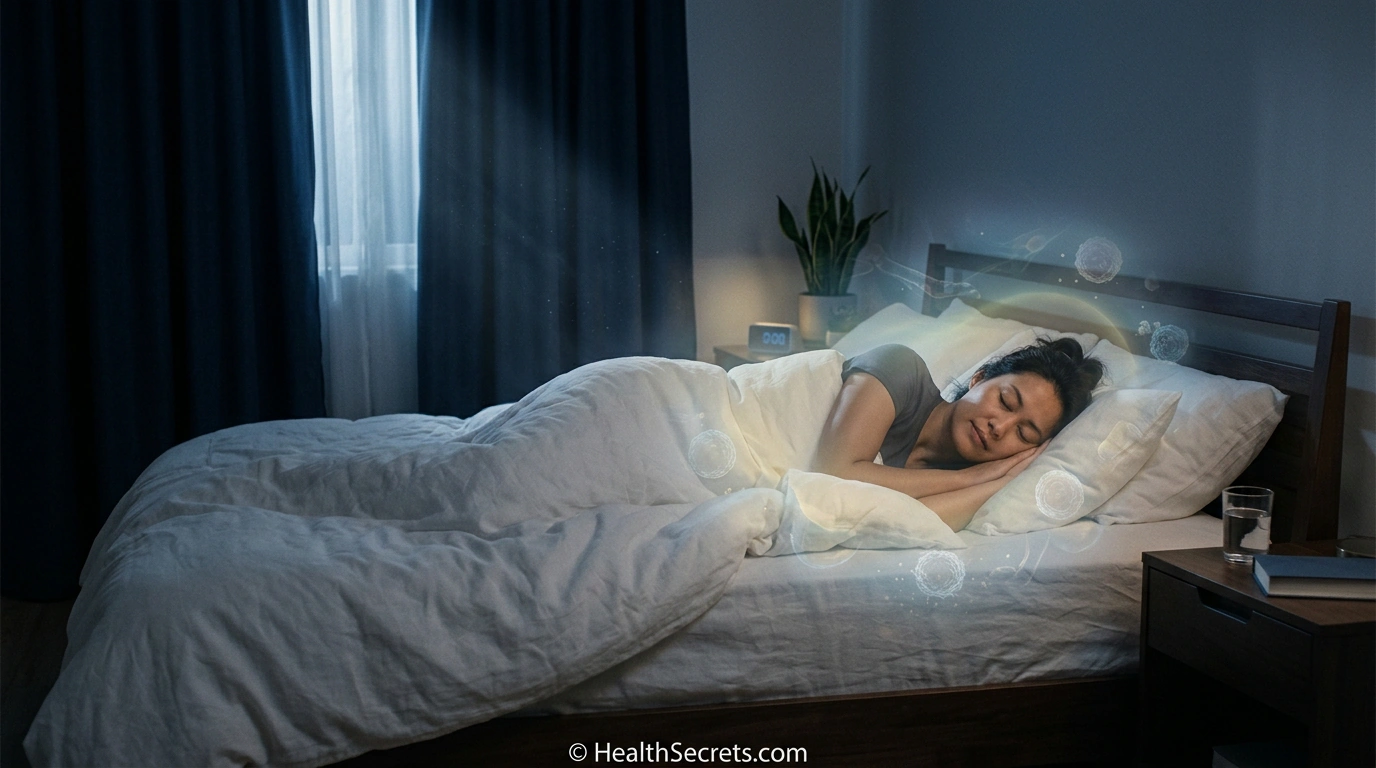 Person sleeping peacefully in optimized dark bedroom for immune system health and recovery