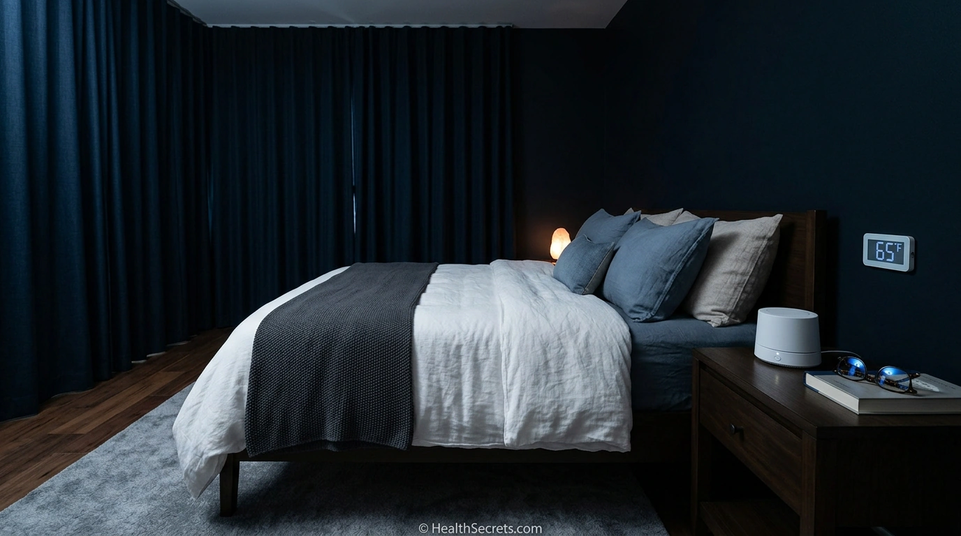 Optimized bedroom environment for immune-supporting sleep with blackout curtains cool temperature and white noise machine