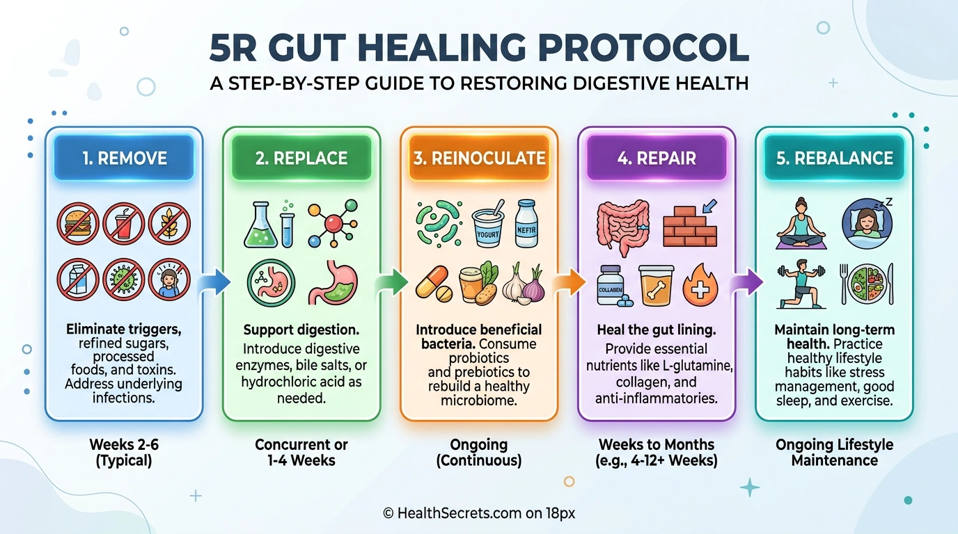 Step-by-step infographic of the 5R gut healing protocol showing Remove, Replace, Reinoculate, Repair, and Rebalance phases with timelines