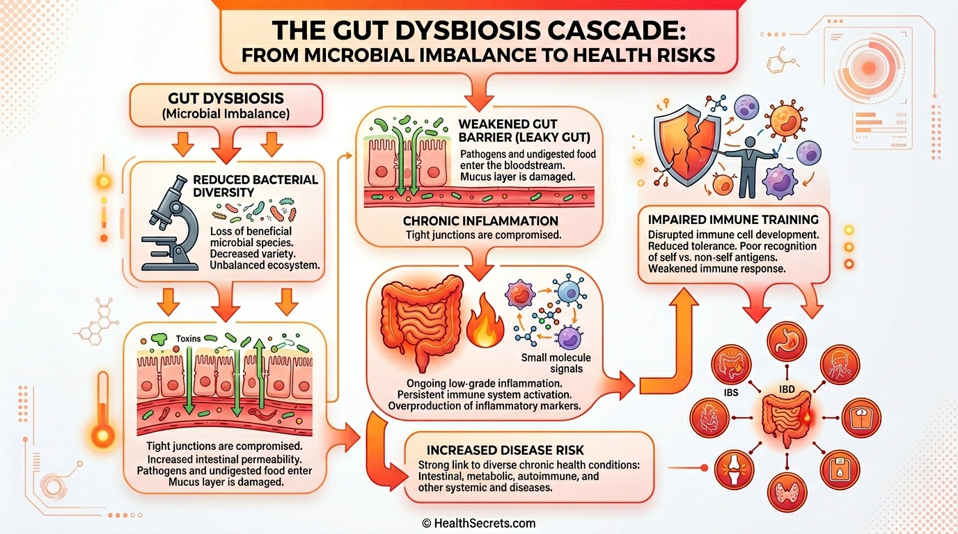 Infographic showing the cascade of immune effects from gut dysbiosis including weakened barrier, chronic inflammation, and increased disease risk
