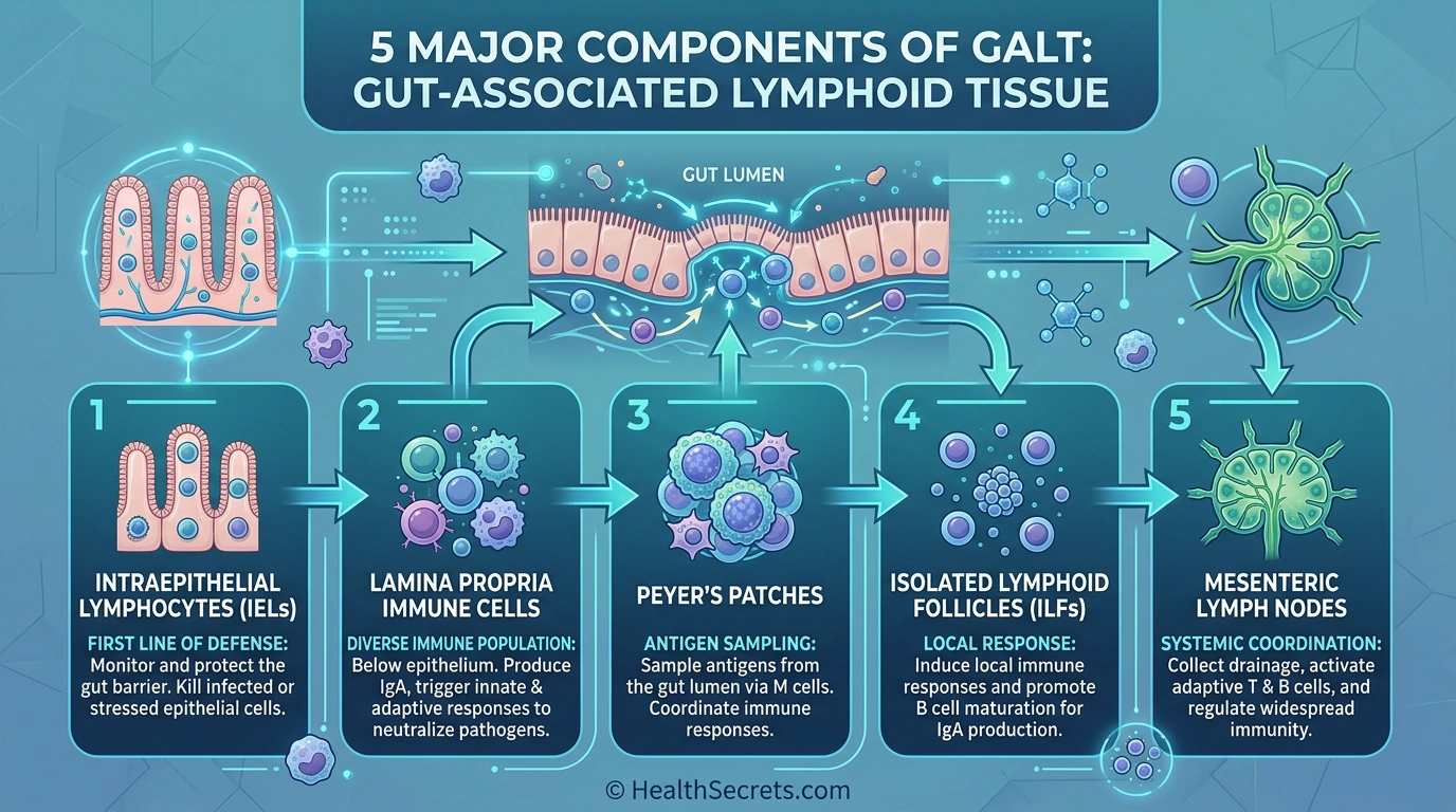 Infographic showing the five major components of gut-associated lymphoid tissue and their immune functions