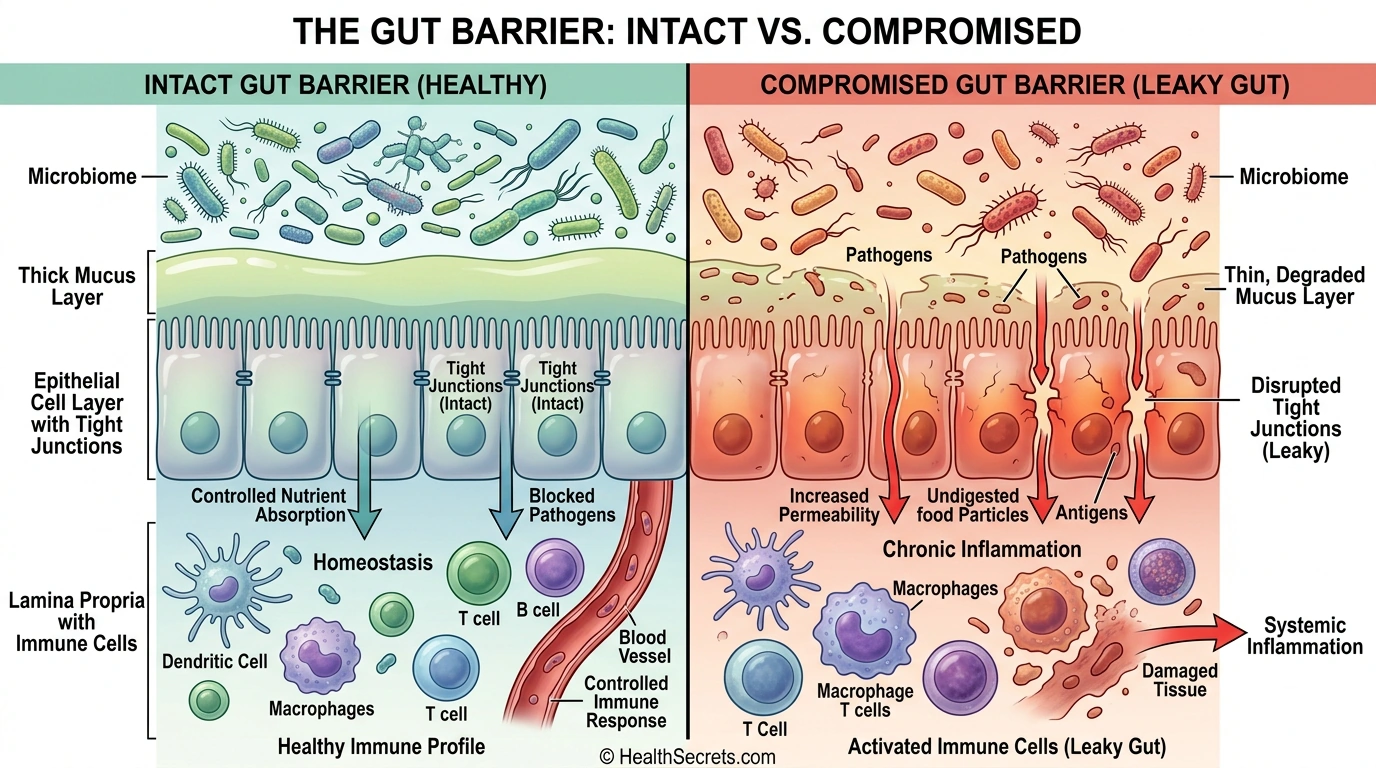 Side-by-side comparison of healthy gut barrier with intact tight junctions versus compromised leaky gut with increased permeability