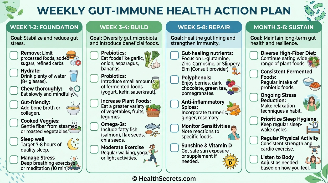 Weekly action plan checklist for improving gut-immune health with four phases from foundation through sustained maintenance