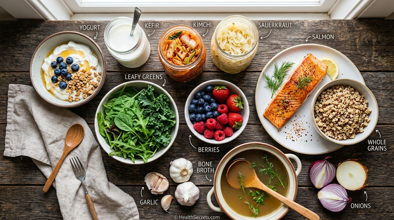 Flat-lay arrangement of gut-immune-supporting foods including fermented foods, prebiotic vegetables, berries, fish, and bone broth