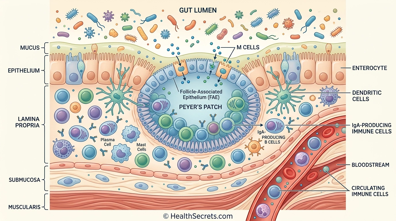 Cross-section illustration of gut-associated lymphoid tissue (GALT) showing Peyer's patches, M cells, dendritic cells, and IgA-producing B cells in the intestinal wall