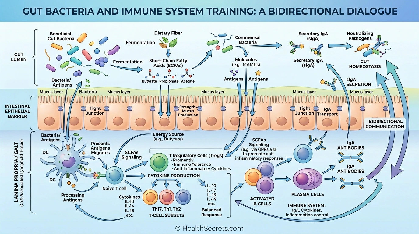 Illustration of gut microbiome training immune cells through SCFA production, dendritic cell interaction, and IgA antibody secretion