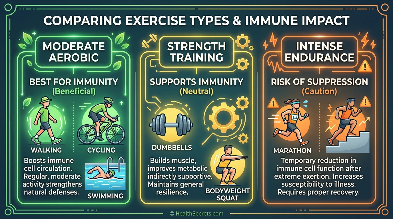 J-curve graph showing the relationship between exercise intensity and infection risk with moderate exercise providing the lowest risk