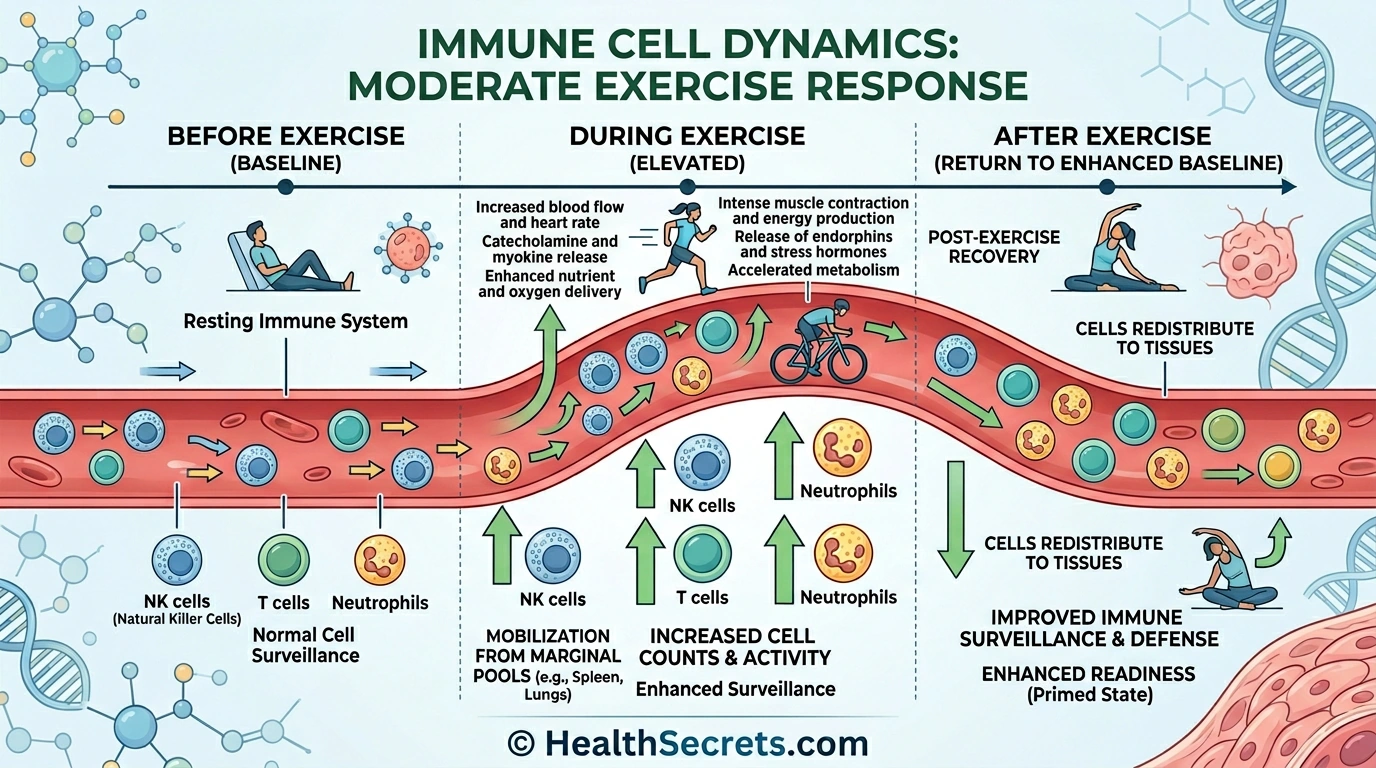 Infographic showing immune cell mobilization during moderate exercise with NK cells T cells and neutrophils increasing during activity