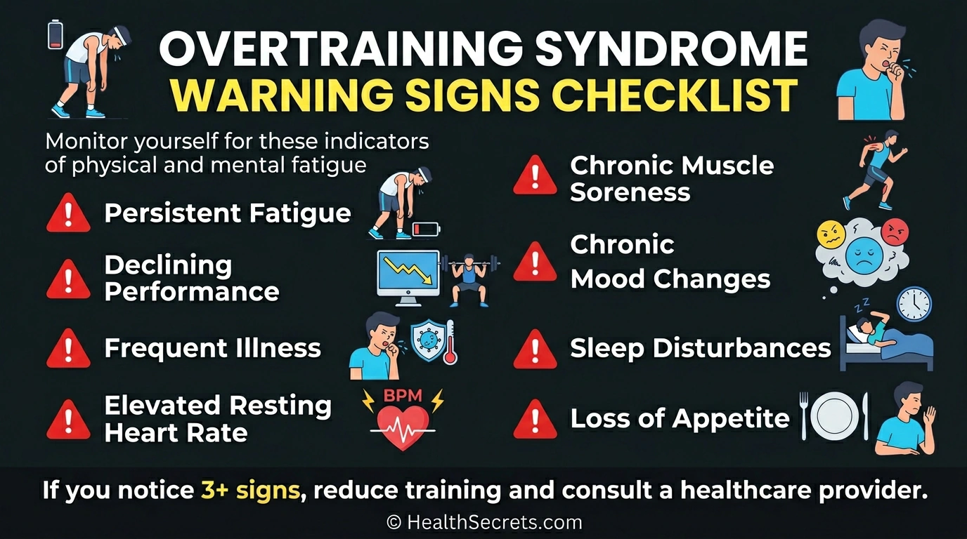 Checklist infographic of overtraining syndrome warning signs including fatigue frequent illness declining performance and mood changes