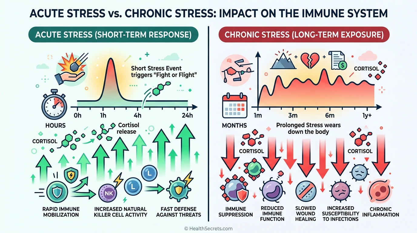 Infographic comparing acute versus chronic stress effects on the immune system