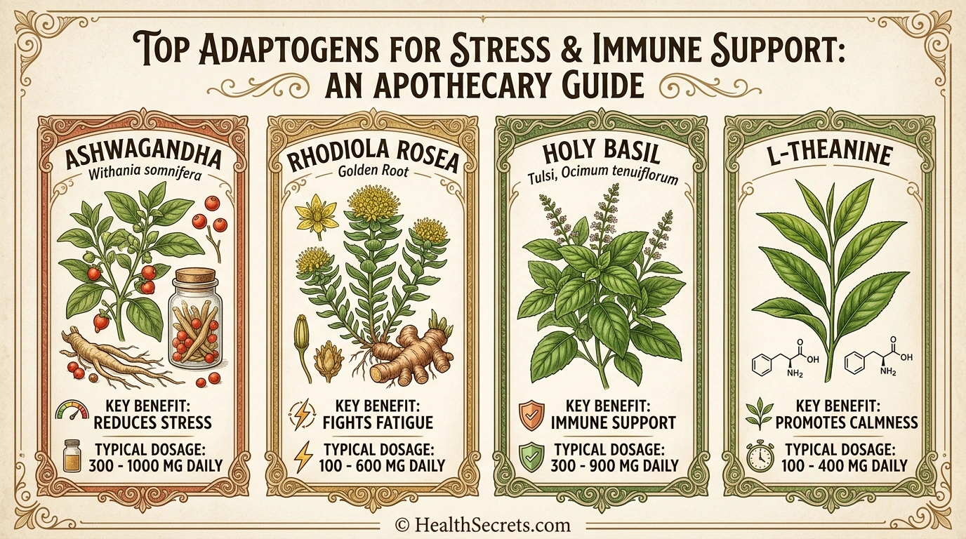 Guide to top adaptogen supplements for stress management and immune support including ashwagandha and rhodiola