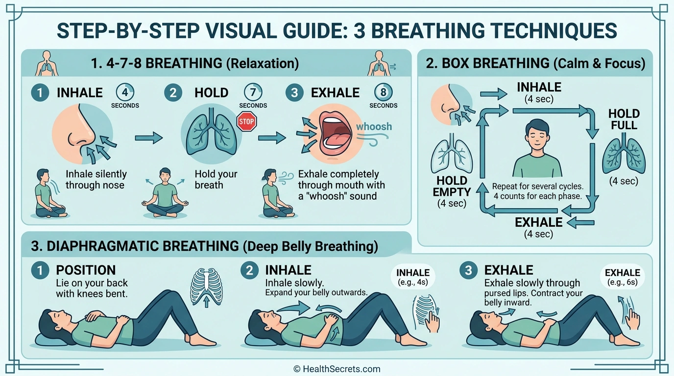 Step-by-step visual guide to three stress-reducing breathing techniques for immune support