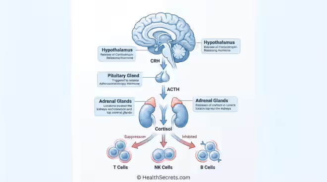 Diagram showing the HPA axis stress response cascade from brain to adrenal glands and effects of cortisol on immune cells