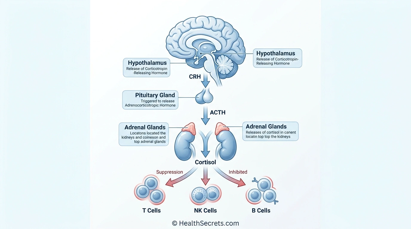 Diagram showing the HPA axis stress response cascade from brain to adrenal glands and effects of cortisol on immune cells