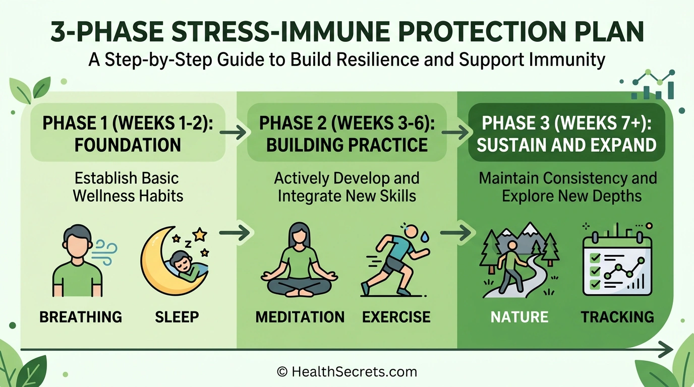 Three-phase timeline infographic for building a stress-immune protection plan over several weeks