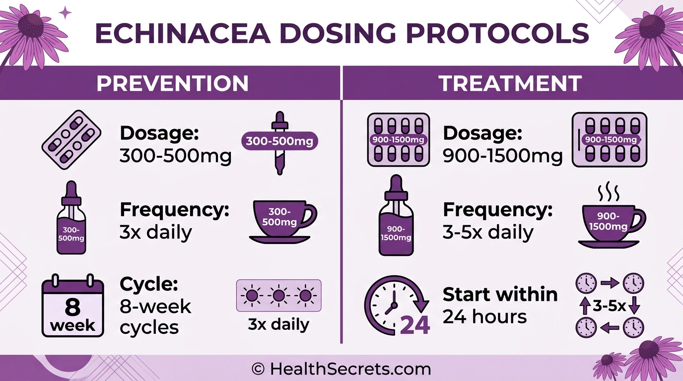Echinacea dosing guide infographic showing prevention and treatment protocols for immune support