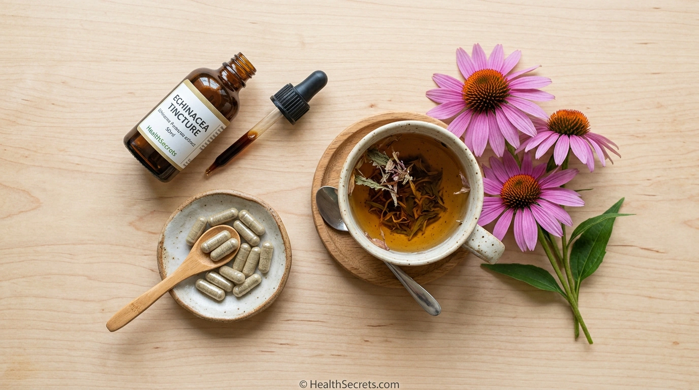 Different forms of echinacea supplements including tincture capsules tea and fresh flowers for immune support