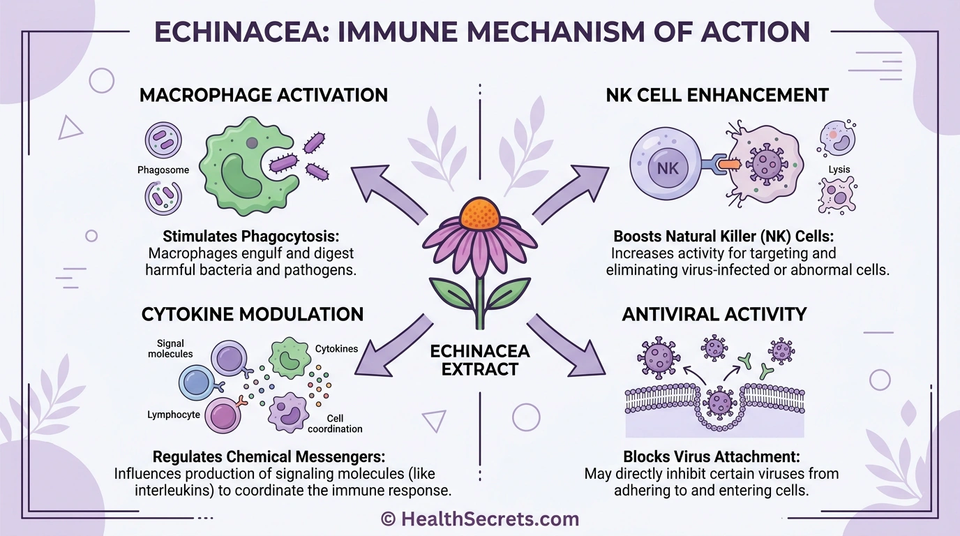 Infographic showing how echinacea modulates the immune system through macrophages NK cells and cytokines