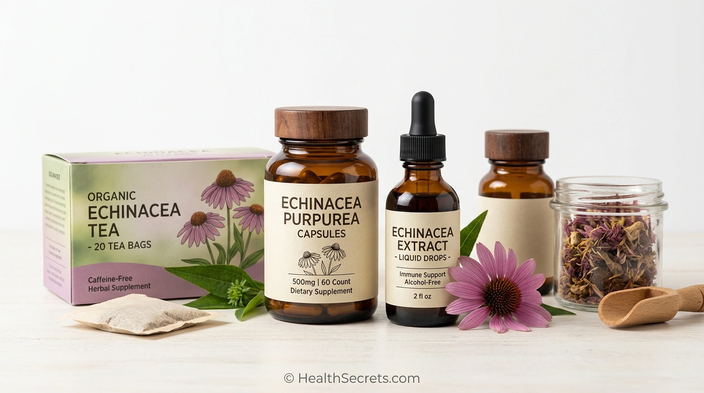 Collection of top-rated echinacea supplements including capsules tinctures and teas for immune health