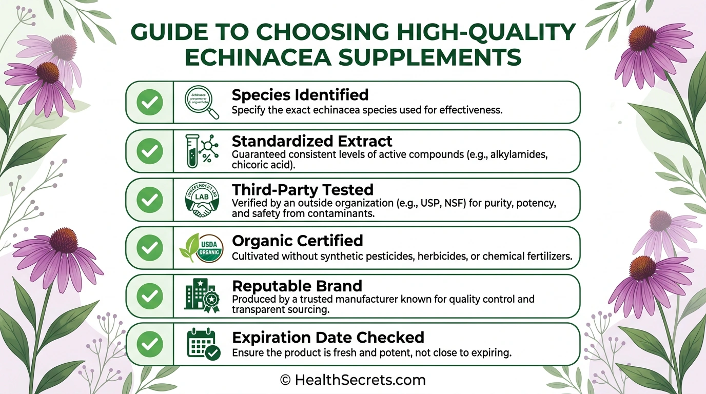 Quality checklist for choosing the best echinacea supplement including species identification and third party testing